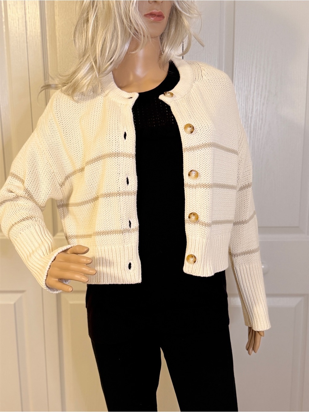 Magaschoni 100% Cotton Striped Cardigan Sweater NWT Cream XS Luxury Knit - Picture 9 of 10